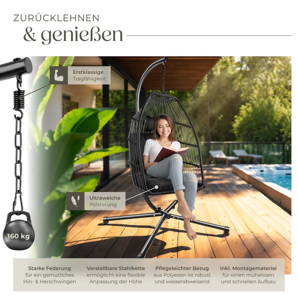 Hängesessel tectake Ariane inklusive Schutzhülle, 98 x 107 x 202 cm mit extra dickem Sitz- und Kopfkissen schwarz
