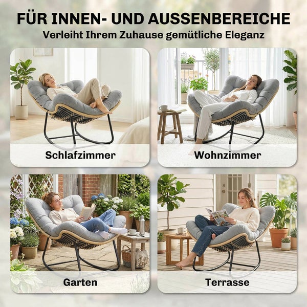 Schaukelstuhl mit grauem Polster und Geflechtgestell in vier Anwendungsbeispielen: Schlafzimmer, Wohnzimmer, Garten und Terrasse.
