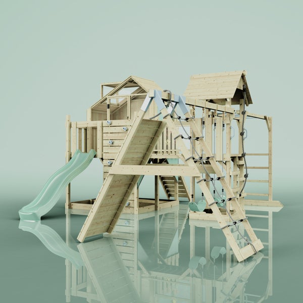 Spielanlage aus Holz mit Rutsche, Kletterwand, Schaukel und Spielhaus