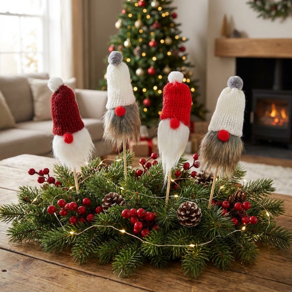 Weihnachtsgesteck mit vier Wichtelsteckern auf einem Tannenkranz mit Beeren und Zapfen, dekoriert mit einer Lichterkette für ein festliches Ambiente.
