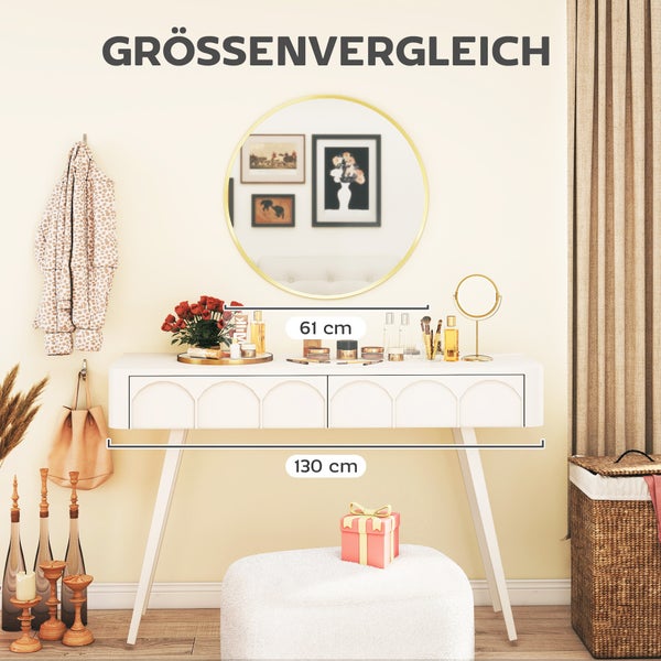 Größenvergleich eines weißen Schminktischs (130 Zentimeter breit) und eines runden Spiegels (61 Zentimeter Durchmesser) in einem hellen Raum.