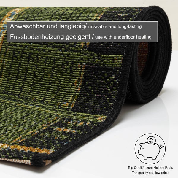 Nahaufnahme eines gemusterten Teppichs, abwaschbar, langlebig, geeignet für Fußbodenheizung, Top-Qualität zum kleinen Preis.