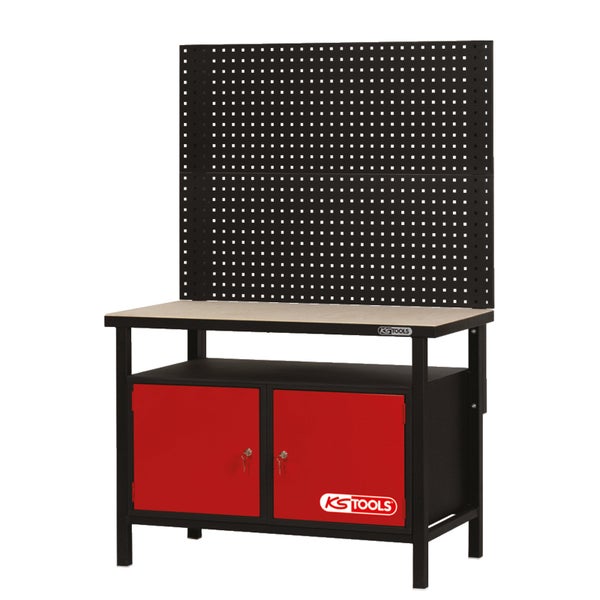 Werkbank mit Lochwand und zwei Schranktüren