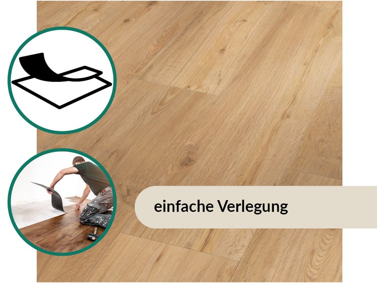 Bodenbelag in Holzoptik mit Symbolen für selbstklebende Rückseite und einfache Verlegung.