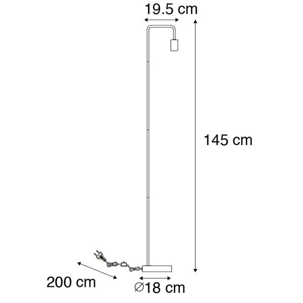 Abbildung der Maßangaben einer Stehlampe: Höhe 145 cm, Ausladung 19,5 cm, Kabellänge 200 cm, Durchmesser des Fußes 18 cm.