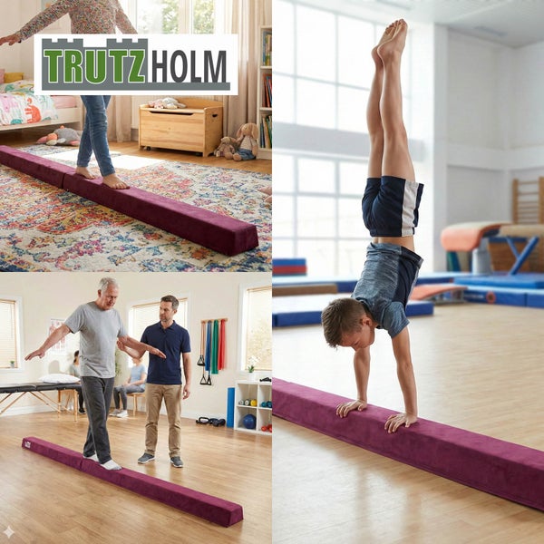 Trutzholm Logo und faltbarer Schwebebalken. Szenen zeigen Übungen im hellen Kinderzimmer, in der Gymnastikhalle und während der Rehabilitation.
