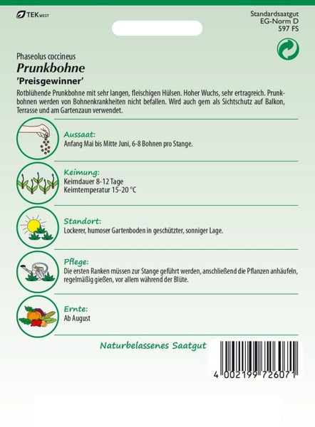 Samenpackung Prunkbohne 'Preisgewinner' mit Informationen zu Aussaat, Keimung, Standort, Pflege und Ernte