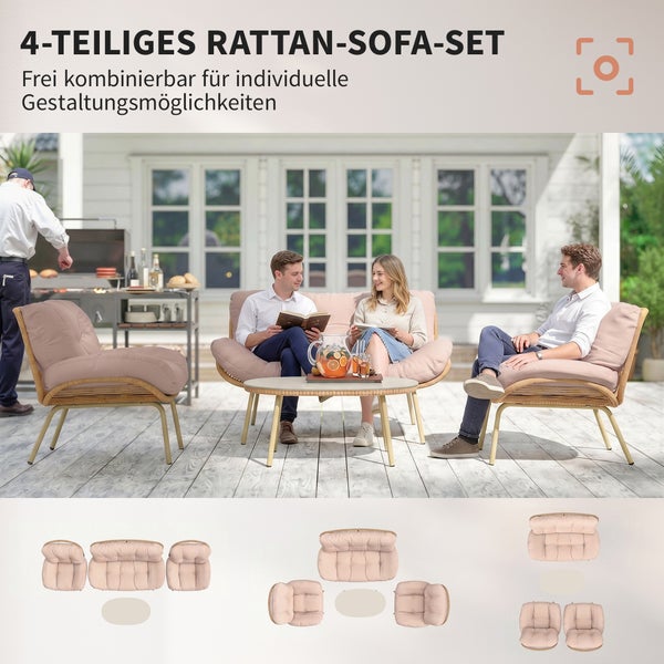 Gartenmöbel-Set bestehend aus einem Zweisitzer-Sofa, zwei Sesseln und einem Beistelltisch mit dicken, gesteppten Polstern in Rosa.