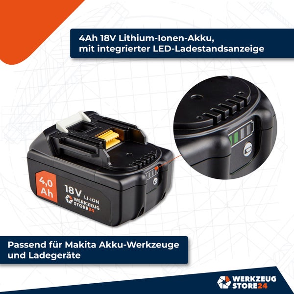 4 Amperestunden 18 Volt Lithium Ionen Akku mit LED Ladezustandsanzeige passend für Makita Akkuwerkzeuge