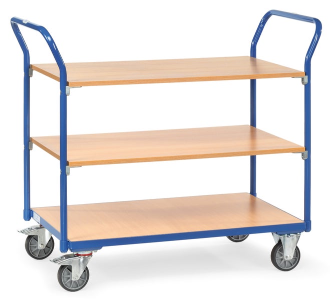 Etagenwagen mit drei Holzablagen und blauem Metallgestell