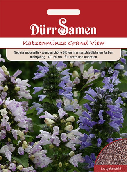 Dürr Samen Logo, Samentüte für Katzenminze Grand View, mehrjährige Pflanze mit blau-violetten Blüten, Wuchshöhe circa 40 bis 60 Zentimeter.