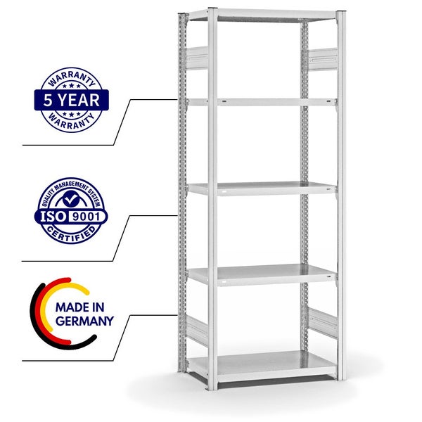 PROREGAL Fachbodenregal Stecksystem T-Profil Light-Duty Grundregal HxBxT 200 x 75 x 40 cm 5 Ebenen Fachlast 145 kg Beidseitig Nutzbar Lichtgrau