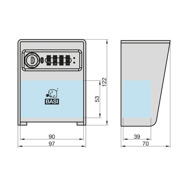 Technische Zeichnung eines Schlüsselsafes mit Zahlencode und den Maßen 122 mal 97 Millimeter. BASI Logo