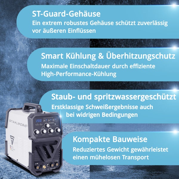 Stahlwerk Schweißgerät mit robustem Gehäuse, intelligenter Kühlung, Überhitzungsschutz, Staubschutz, Spritzwasserschutz und kompakter Bauweise.
