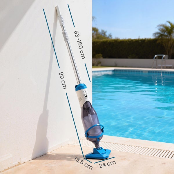 Poolbodensauger mit Teleskopstange am Pool. Maße: Teleskopstange 63 bis 150 Zentimeter, Höhe 90 Zentimeter, Saugfuß 24 mal 13,5 Zentimeter.