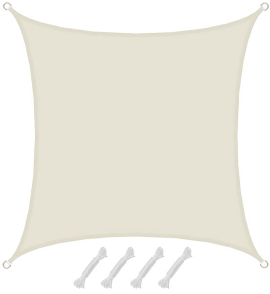 Quadratisches Sonnensegel in Beige inklusive vier Befestigungsseilen und Metallösen.