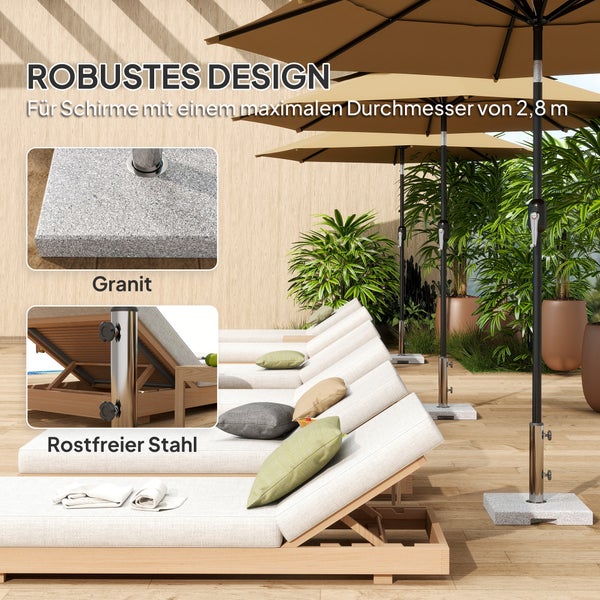 Sonnenschirme mit robustem Design und Sockel aus Granit und rostfreiem Stahl neben Liegestühlen.