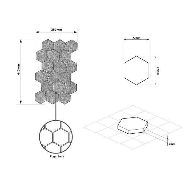 Technische Zeichnung einer Wandfliese in Hexagonform mit Maßangaben