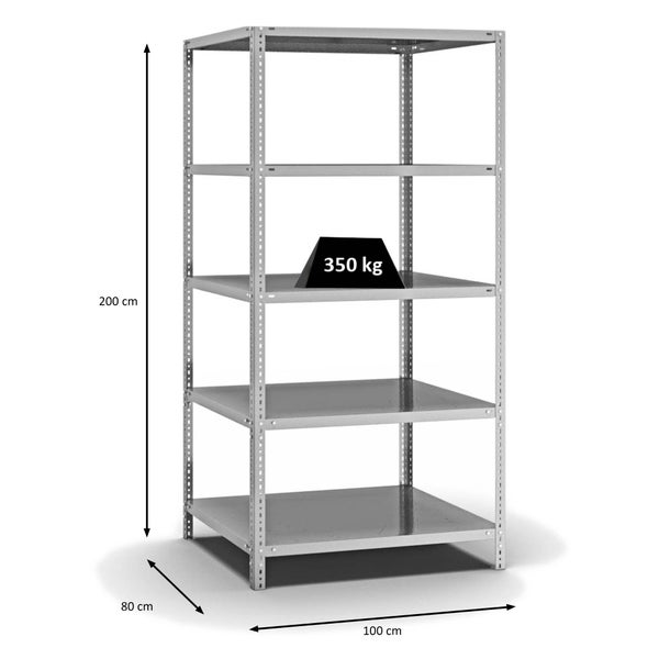 PROREGAL Fachbodenregal Schraubsystem Heavy-Duty Grundregal HxBxT 200 x 100 x 80 cm 5 Ebenen Fachlast 350 kg Beidseitig Nutzbar Verzinkt