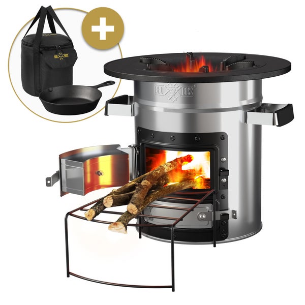 BBQ#BOSS Raketenofen mit Grillpfanne & Tragetasche, Silber, Campingkocher Holz mit Brennholzständer, Doppeltür, Camping BBQ Holzofen zum Kochen, Outdoor-Küche, Raketenherd für Dutch Oven, Campinggrill