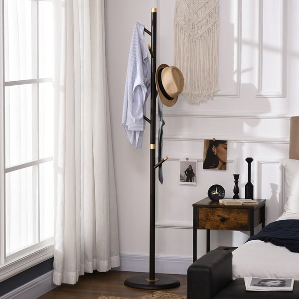 HOMCOM Garderobenständer, Garderobe mit 6 Haken, Kleiderständer, Standgarderob für Kleidung, Hüte, Flur, Eingang, Metall, Walnuss, 36 x 36 x 180 cm