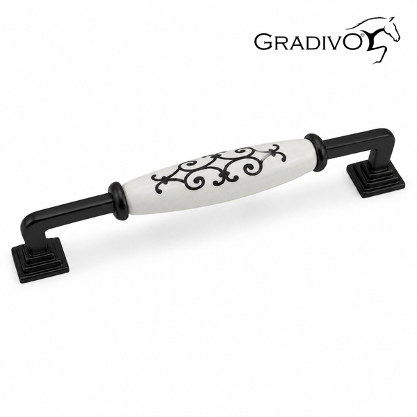 Möbelgriff mit weißem Keramikelement, schwarzem Ornamentmuster und schwarzer Metallhalterung. Gradivo Logo.