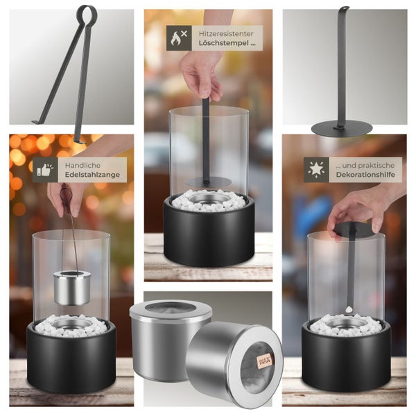 Tischkamin mit Zubehör: Löschstempel, Edelstahlzange und Dekohilfe