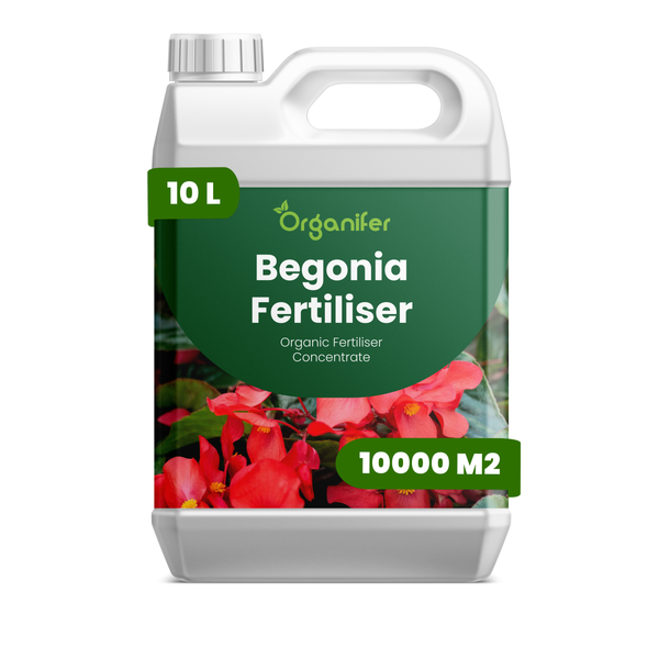 Organifer Begoniendünger, organisches Düngerkonzentrat im 10 Liter Kanister für 10000 Quadratmeter, Organifer Logo.