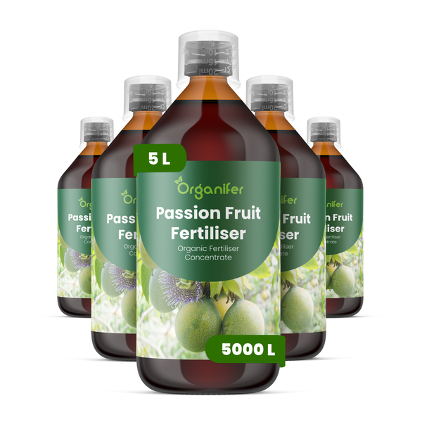 Fünf Flaschen Organifer Passionsfrucht-Dünger Konzentrat, organischer Flüssigdünger für insgesamt 5000 Liter.
