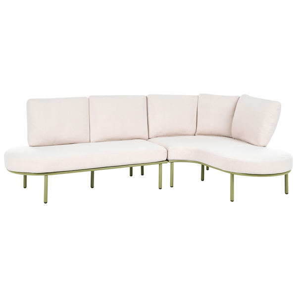Modernes Garten-Ecksofa mit hellen Polstern und olivgrünem Metallgestell, geschwungene Form für den Außenbereich.