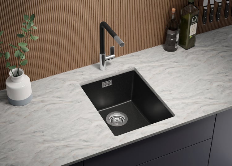 PRIMAGRAN Unterbauspüle Granit Alles Schwarz 36x47cm, Spülbecken 1 Becken + Ablauf-Set, Granitspüle ab 40er Unterschrank - London