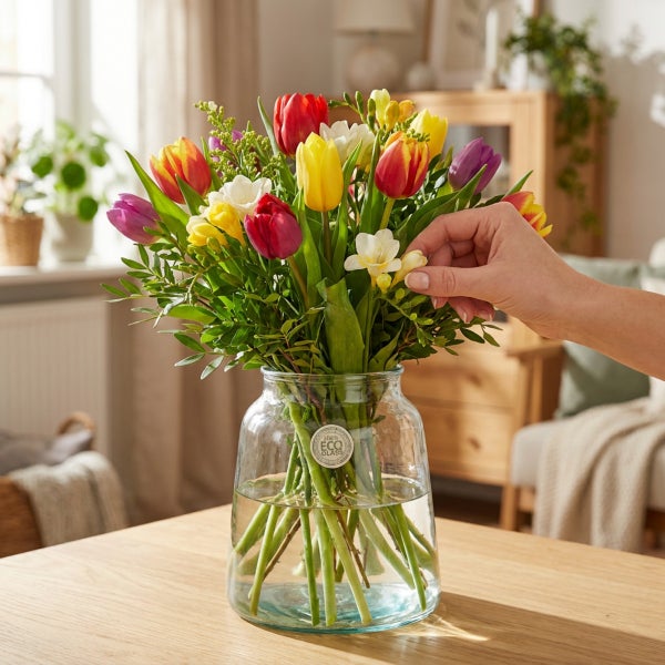 Bunter Blumenstrauß mit Tulpen und Freesien in einer Glasvase aus recyceltem Glas auf einem Holztisch in einem hellen Wohnzimmer.