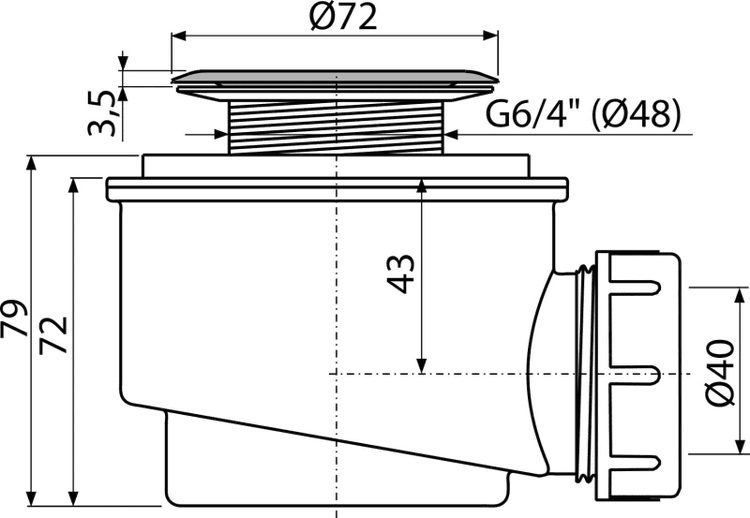 Maßzeichnung eines Duschwannenablaufs mit Maßen in Millimetern, Durchmesser oben 72 Millimeter und seitlicher Anschluss 40 Millimeter.