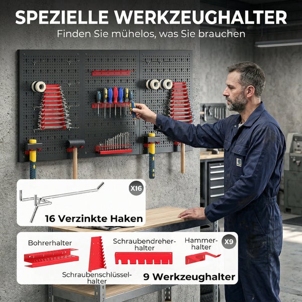 Werkstattwand mit Lochplatten und verschiedenen Werkzeughaltern für Hämmer, Schraubendreher und Bohrer inklusive verzinkten Haken.