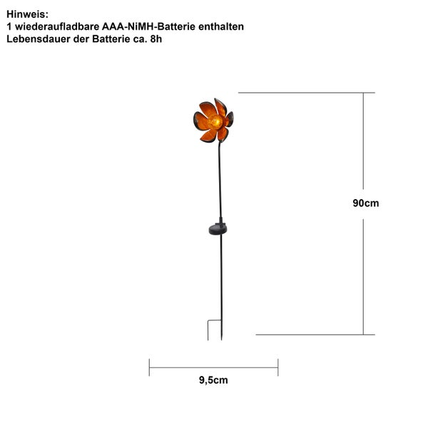 Solarleuchte in Blumenform mit den Maßen 90 Zentimeter Höhe und 9,5 Zentimeter Breite