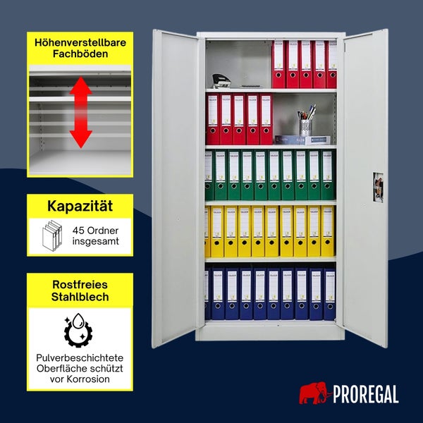 PROREGAL Metall-Aktenschrank mit höhenverstellbaren Böden, Platz für 45 Ordner, korrosionsbeständiges pulverbeschichtetes Stahlblech.