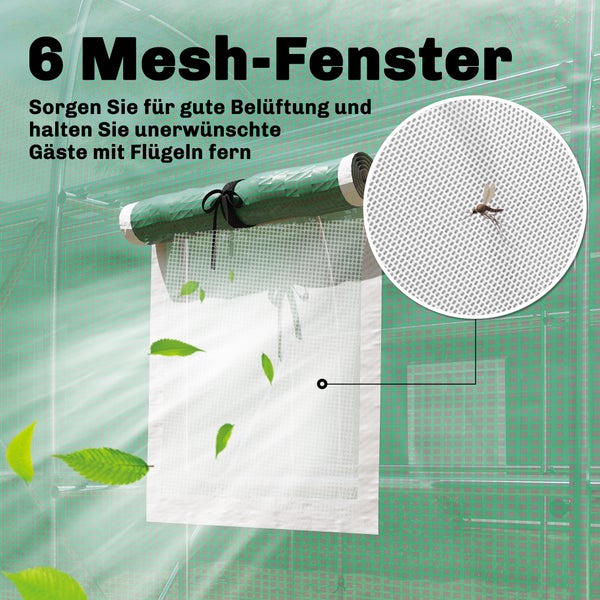 Sechs Mesh-Fenster für Belüftung und Insektenschutz in einem Gewächshaus.