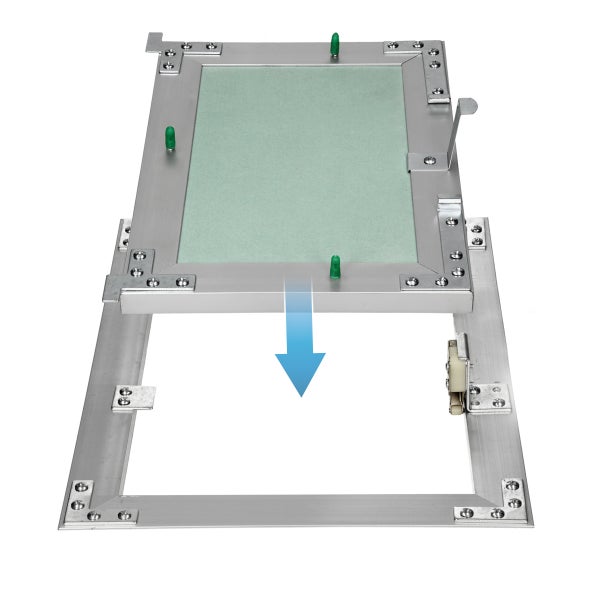 Revisionstür aus Aluminium mit Gipskartoneinlage, abnehmbares Türblatt mit Metallrahmen für Trockenbauwände.
