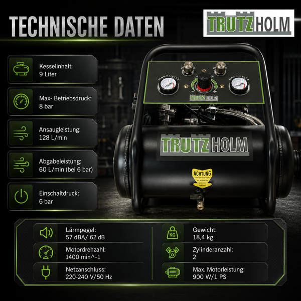 Trutzholm Kompressor mit 9 Liter Kesselinhalt, 8 bar Druck, 900 Watt Leistung, 2 Zylindern, 57 Dezibel und Trutzholm Logo.