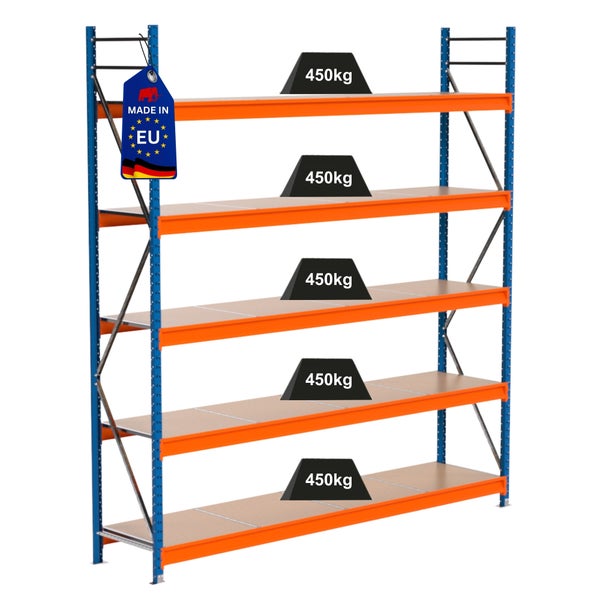 Lagerregal mit fünf Ebenen und einer Traglast von 450 kg pro Ebene sowie Made in EU Kennzeichnung.