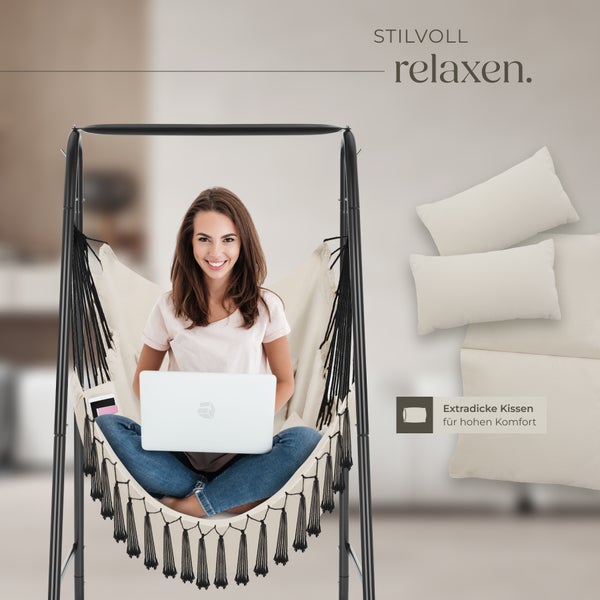 Hängesessel tectake Alison 85 x 100 x 154,5 cm 3 extra dicke Kissen beige
