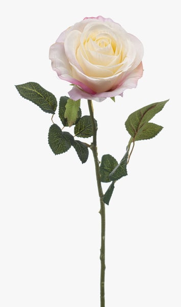 Künstliche Rose in Creme und Rosa mit grünem Stiel und Blättern.