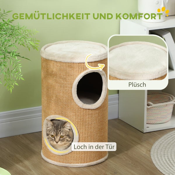 PawHut Kratztonne, 60 cm Hoch Katzentonne mit 2 Höhle, Kratzbaum, Katzenturm aus Sisal, für Katze bis 5 kg, Braun
