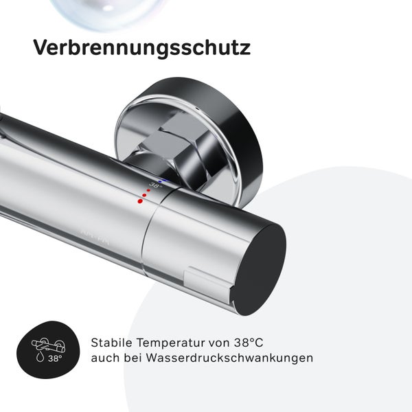Thermostatarmatur mit Verbrühschutz und konstanter Temperatur von 38 Grad Celsius auch bei Druckschwankungen