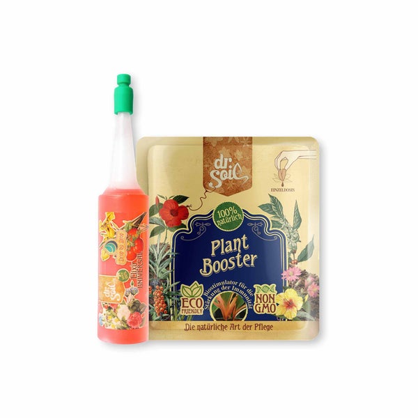 Dr.Soil Pflanzenpflegepaket für Zimmerpflanzen mit universellem Bewässerungszusatz in Fläschchenform und konzentrierter Biostimulator-Monodosis für Immunität für 1L Sprühlösung