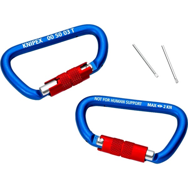 Blaue Knipex Aluminium-Karabiner mit roter Schraubsicherung und zwei Stiften. Belastung zwei Kilonewton. Nicht zur Personensicherung.