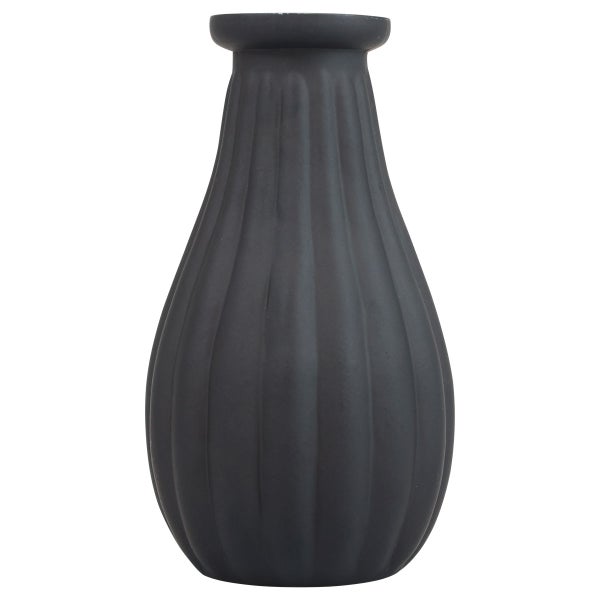 Geriffelte Vase aus Keramik in Anthrazit, bauchige Form.