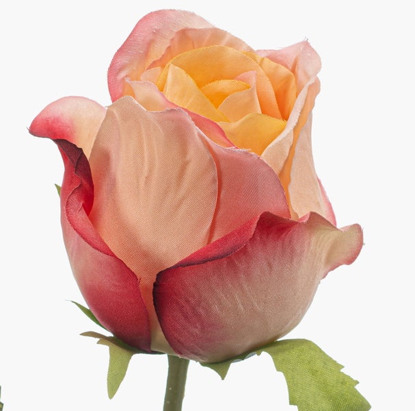 Künstliche Rose mit pfirsichfarbenen und gelben Blütenblättern und grünem Stiel.