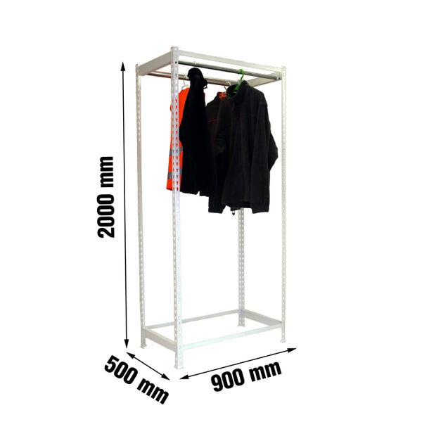 Metall-Garderobenständer mit Kleiderstange, Höhe 2000 Millimeter, Breite 900 Millimeter, Tiefe 500 Millimeter.