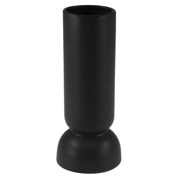 Matte schwarze Vase aus Keramik mit zylindrischer Form und rundem Sockel.